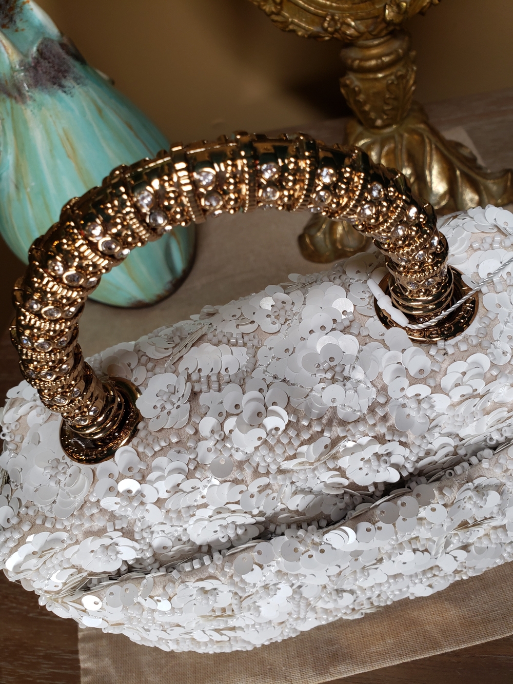 Kurt Geiger White Sequin Beaded Floral Top-Handle Satchel w/ Crossbody NWT! - Picture 9 of 17
